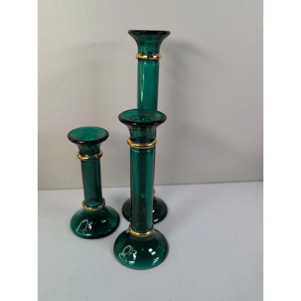 Pier One Set Of Green Glass Candlestick Holders / Bud Vases